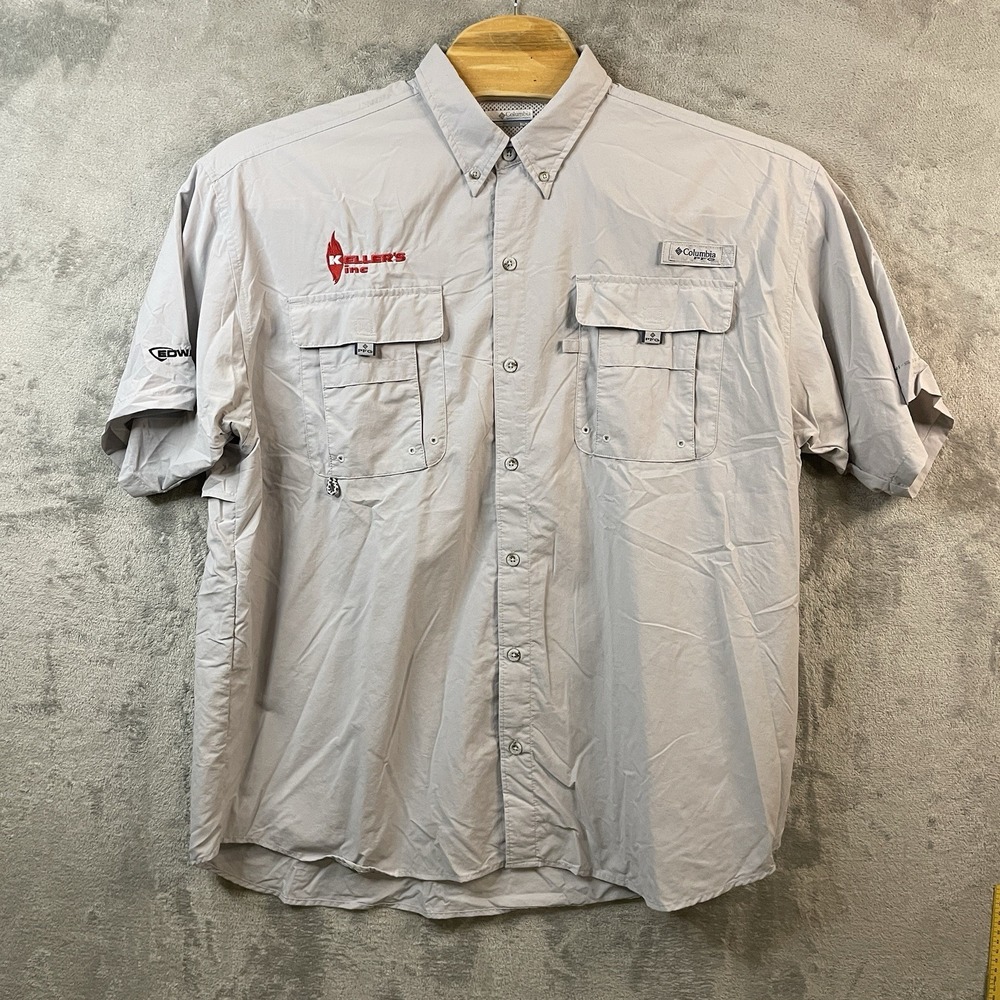 Columbia PFG‎ Men's XL Grey Short Slleve Dutton Down Fishing Hunting With Logos